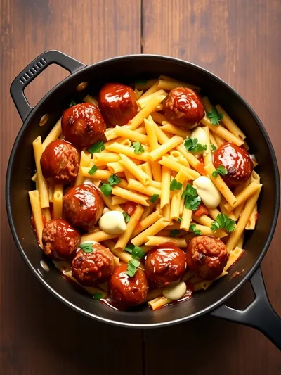 BBQ Ranch Meatball Cheddar Pasta Skillet - ingredients preparation