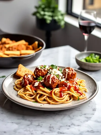 BBQ Ranch Meatball Cheddar Pasta Skillet - ready to serve