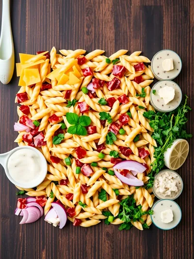Creamy Turkey Bacon Cheddar Ranch Pasta Salad - ingredients preparation