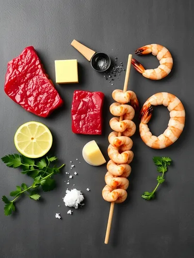 Grilled Steak and Shrimp Skewers with Garlic Butter Sauce - ingredients preparation