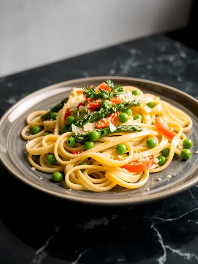 Spring Vegetable Fettuccine Alfredo - ready to serve